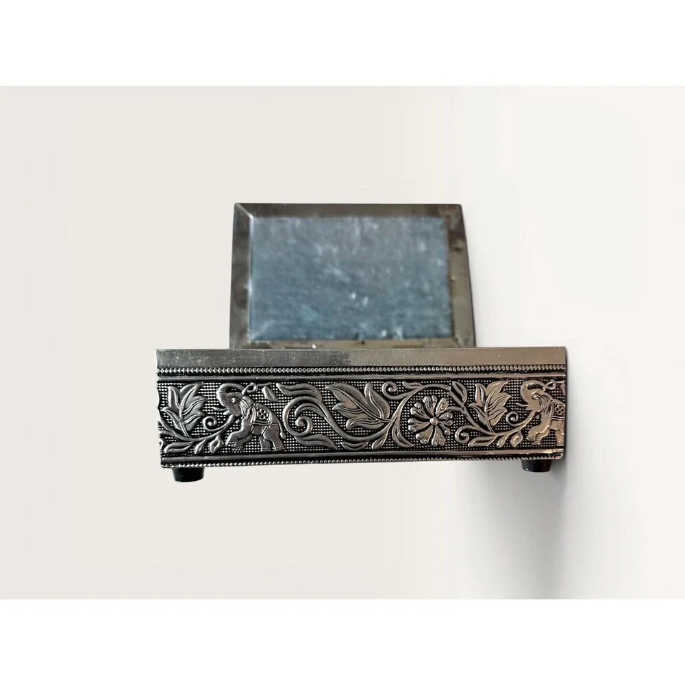 Vintage Silver Tone Celestial Jewelry Box Sun Face &  Elephant Metal Trinket Box
